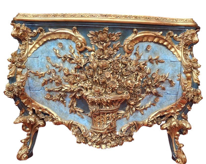 Baroque Rococo Floral Chest of Drawers | Hand-Carved Wooden Dresser | French Style Gilded Cabinet | Blue & Gold Statement Furniture