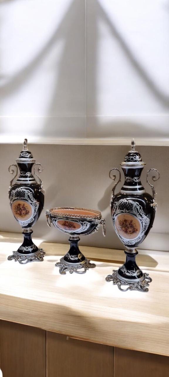 French Style Porcelain Urn & Centerpiece Set | Hand-Painted Floral Design with Gilded Bronze Bases | Set of 3 in BlackNavyBrown