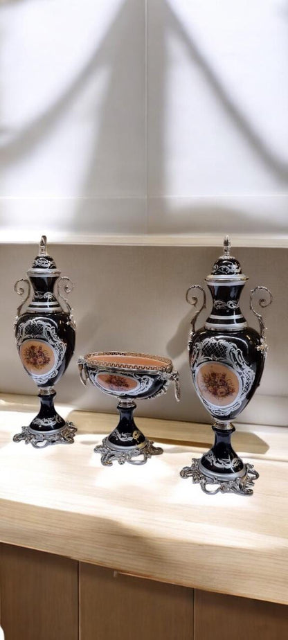 French Style Porcelain Urn & Centerpiece Set | Hand-Painted Floral Design with Gilded Bronze Bases | Set of 3 in BlackNavyBrown