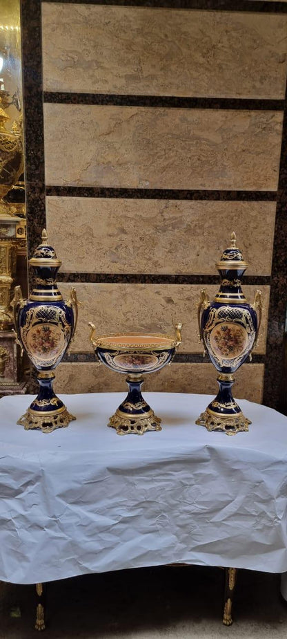 French Style Porcelain Urn & Centerpiece Set | Hand-Painted Floral Design with Gilded Bronze Bases | Set of 3 in BlackNavyBrown