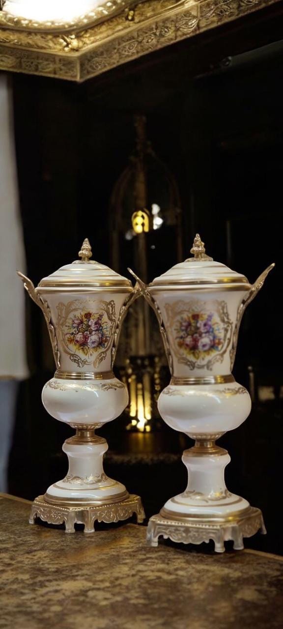 Luxury French Porcelain Urn & Centerpiece Set | Hand-Painted Rococo Style | Ormolu Gilded Bronze Accents | Available in Navy Blue- Cream