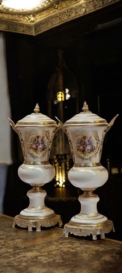 Luxury French Porcelain Urn & Centerpiece Set | Hand-Painted Rococo Style | Ormolu Gilded Bronze Accents | Available in Navy Blue- Cream