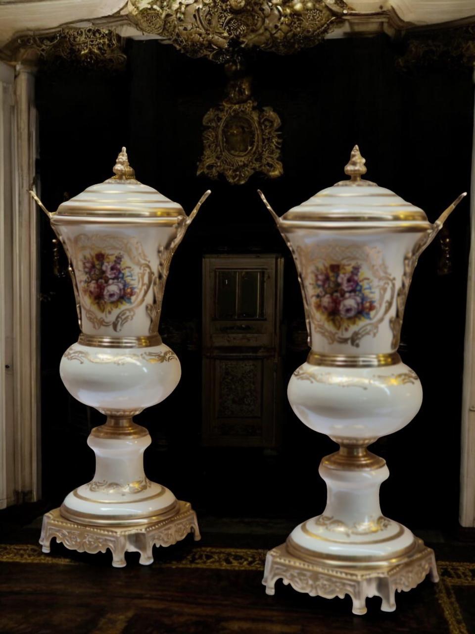 Luxury French Porcelain Urn & Centerpiece Set | Hand-Painted Rococo Style | Ormolu Gilded Bronze Accents | Available in Navy Blue- Cream