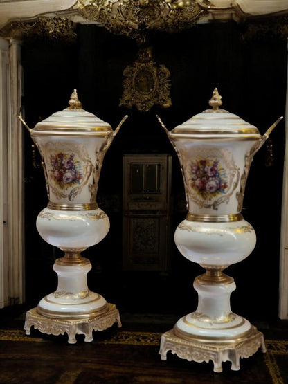 Luxury French Porcelain Urn & Centerpiece Set | Hand-Painted Rococo Style | Ormolu Gilded Bronze Accents | Available in Navy Blue- Cream
