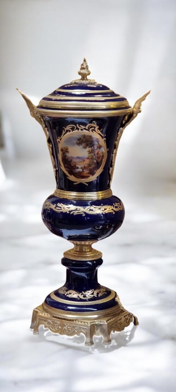 Luxury French Porcelain Urn & Centerpiece Set | Hand-Painted Rococo Style | Ormolu Gilded Bronze Accents | Available in Navy Blue- Cream
