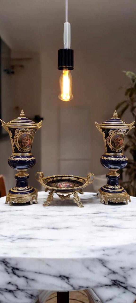 Luxury French Porcelain Urn & Centerpiece Set | Hand-Painted Rococo Style | Ormolu Gilded Bronze Accents | Available in Navy Blue- Cream