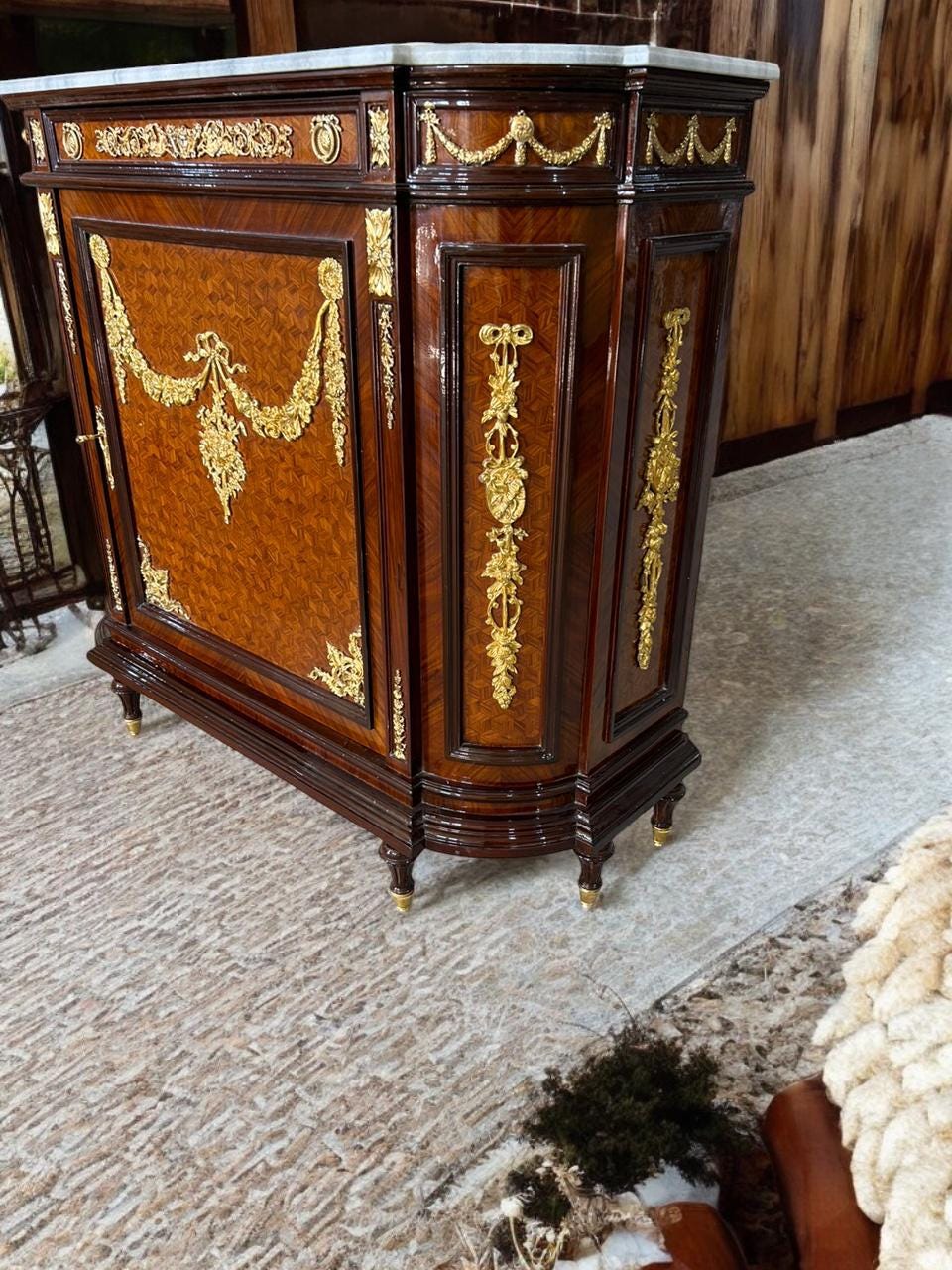Exquisite Louis XVI Style Marble-Top Cabinet – Ormolu & Inlaid Wood – 67” W