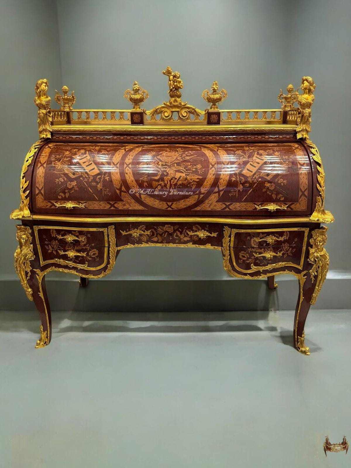 French Louis XVI-Style Marquetry Roll-Top Desk with Ormolu Mounts Royal Bureau du Roi Replica- (Read description)