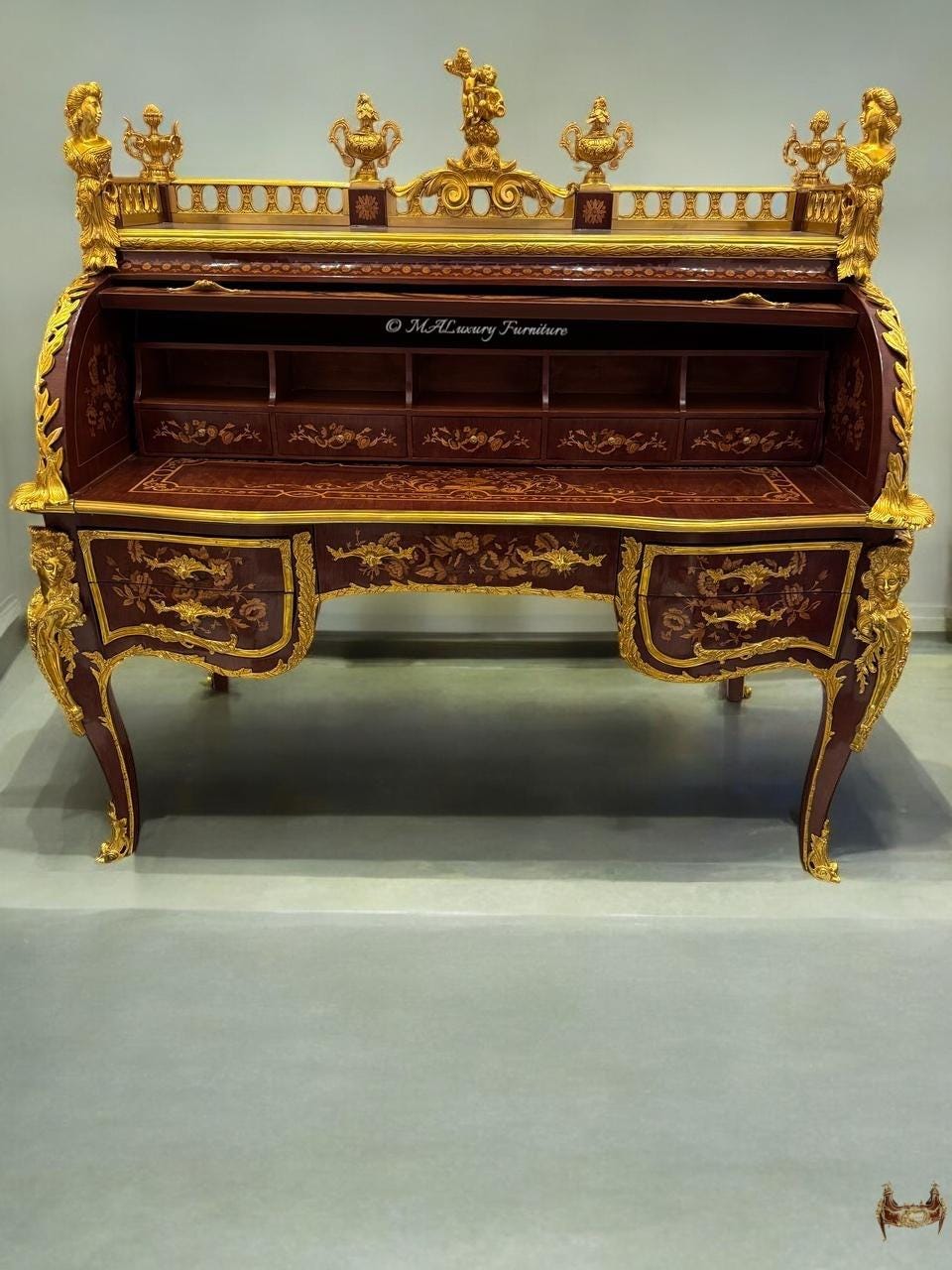 French Louis XVI-Style Marquetry Roll-Top Desk with Ormolu Mounts Royal Bureau du Roi Replica- (Read description)