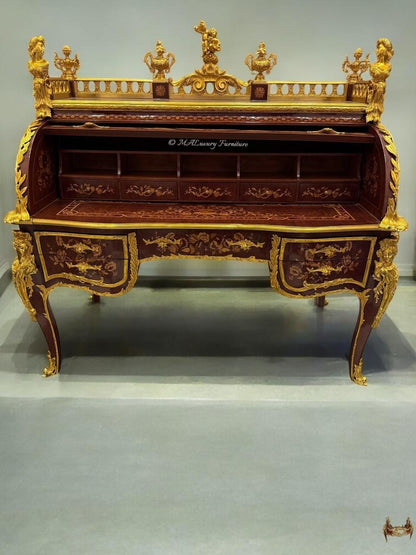 French Louis XVI-Style Marquetry Roll-Top Desk with Ormolu Mounts Royal Bureau du Roi Replica- (Read description)