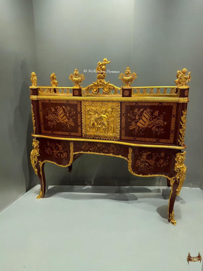 French Louis XVI-Style Marquetry Roll-Top Desk with Ormolu Mounts Royal Bureau du Roi Replica- (Read description)