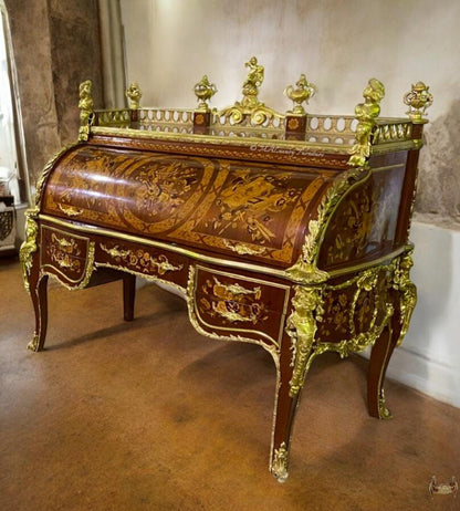French Louis XVI-Style Marquetry Roll-Top Desk with Ormolu Mounts Royal Bureau du Roi Replica- (Read description)