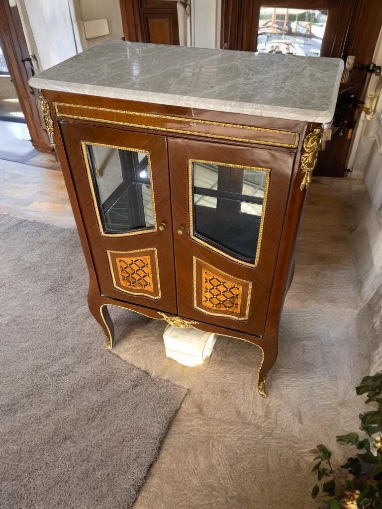 French Louis XV Style Marble Top Cabinet | Elegant Glass Door Display Chest | Vitrine