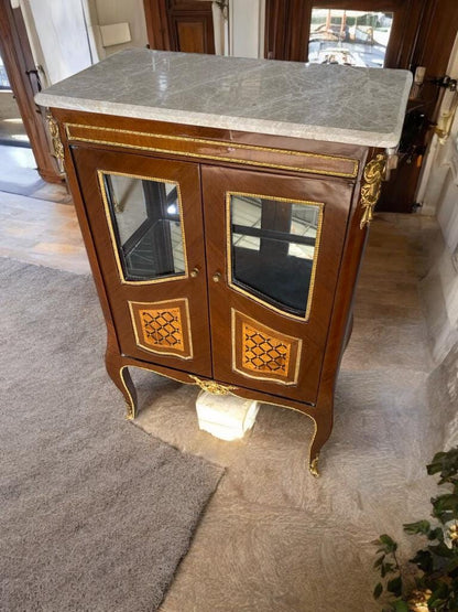 French Louis XV Style Marble Top Cabinet | Elegant Glass Door Display Chest | Vitrine