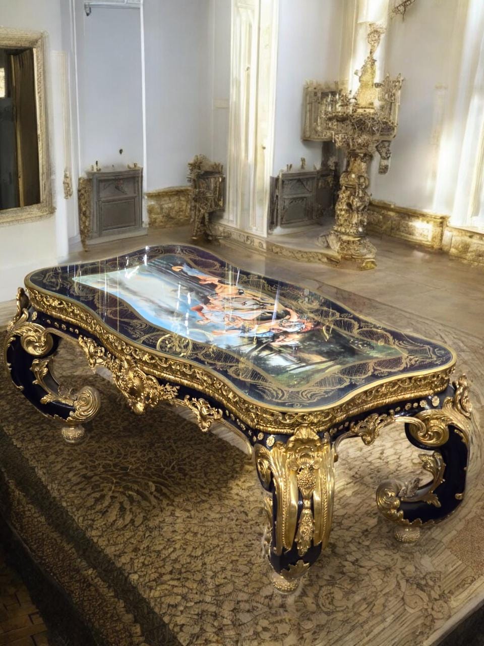 Baroque Masterpiece Hand-Painted Table Gilded Rococo Style with Porcelain Top