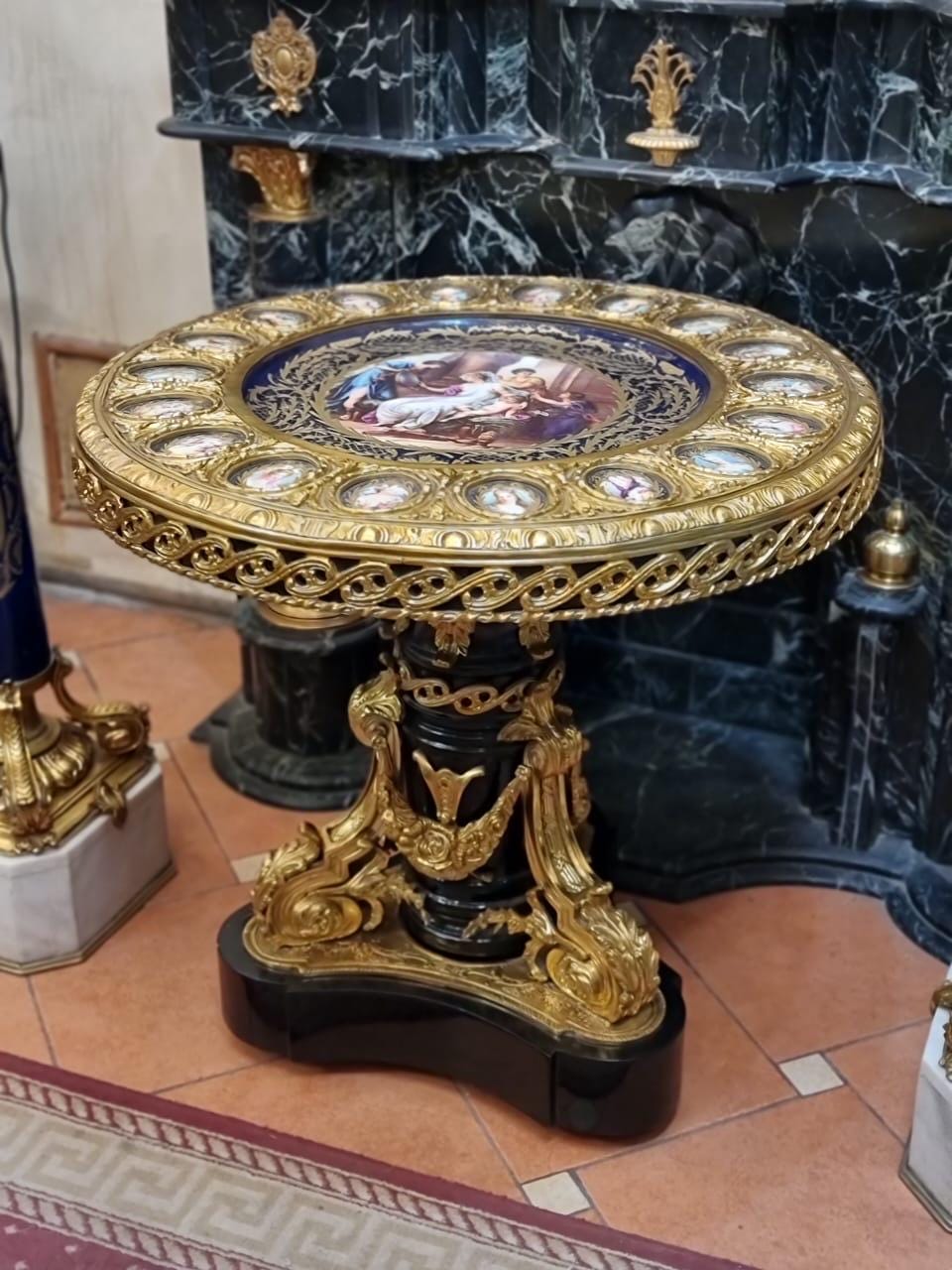 Unique Royal Salon Porcelain and Gilt Bronze Round Table – Hand-Painted with Classical Motifs