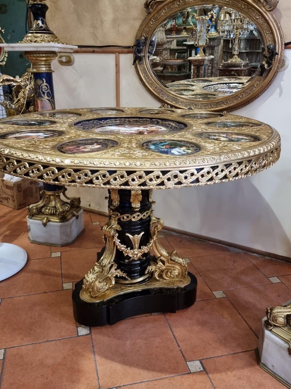 Unique Large Royal Salon Porcelain and Gilt Bronze Round Table – Hand-Painted with Classical Motifs