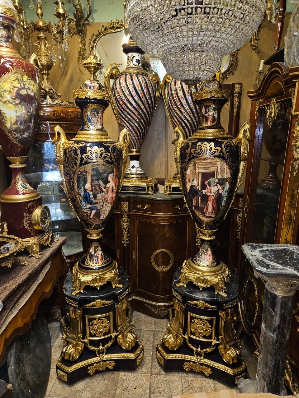 Monumental Pair of French Sevres-Style Porcelain Vases with Pedestals – Hand-Painted & Gilt Bronze Mounted- Navy blue