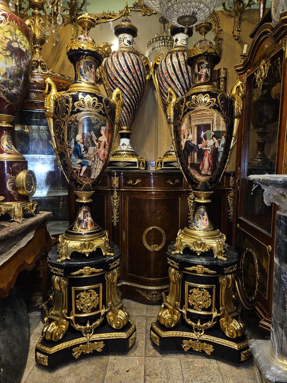 Monumental Pair of French Sevres-Style Porcelain Vases with Pedestals – Hand-Painted & Gilt Bronze Mounted- Navy blue