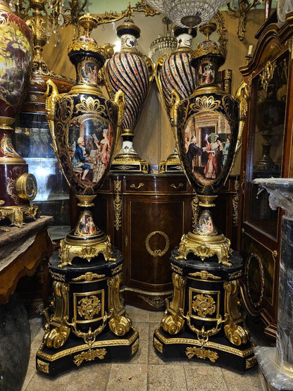Monumental Pair of French Sevres-Style Porcelain Vases with Pedestals – Hand-Painted & Gilt Bronze Mounted- Navy blue