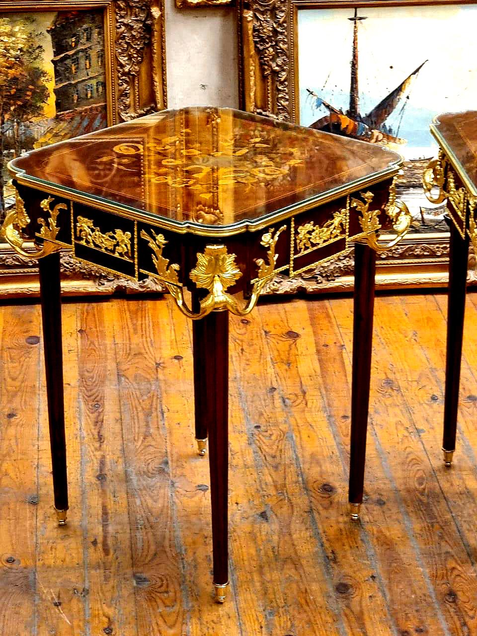French Louis XV Style Marquetry Side Table with Gilt Bronze Mounts Set (2)