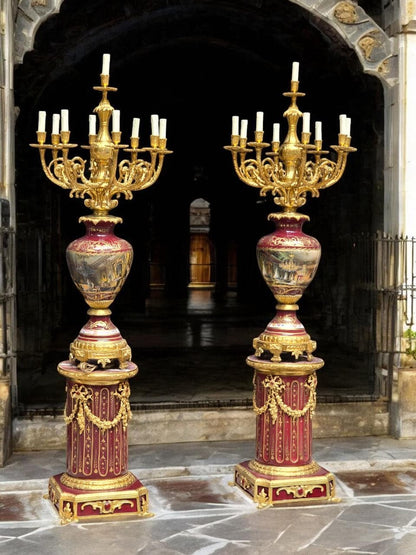 Majestic Pair of Antique Sevres-Style Porcelain & Ormolu Candelabra Lamps on Pedestals – 19th Century