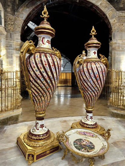 Exquisite Pair of French Antique Style Ornamental Vases with Gilded Bases – Rococo Style ( available In Two colors Navy and Maroon)