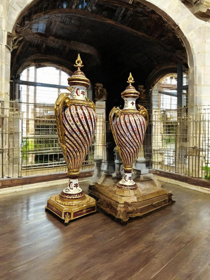 Exquisite Pair of French Antique Style Ornamental Vases with Gilded Bases – Rococo Style ( available In Two colors Navy and Maroon)