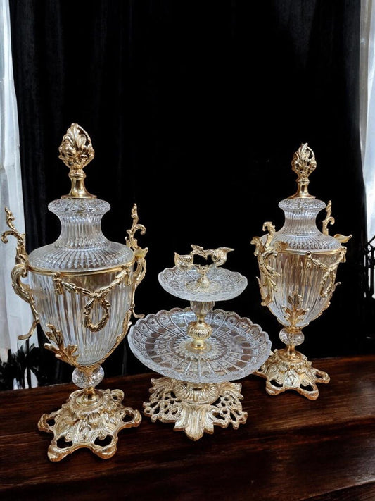 Baroque-Style Crystal and Gilded Bronze Centerpiece Set – 3-Piece Decorative Table Ensemble, 2 colors Available