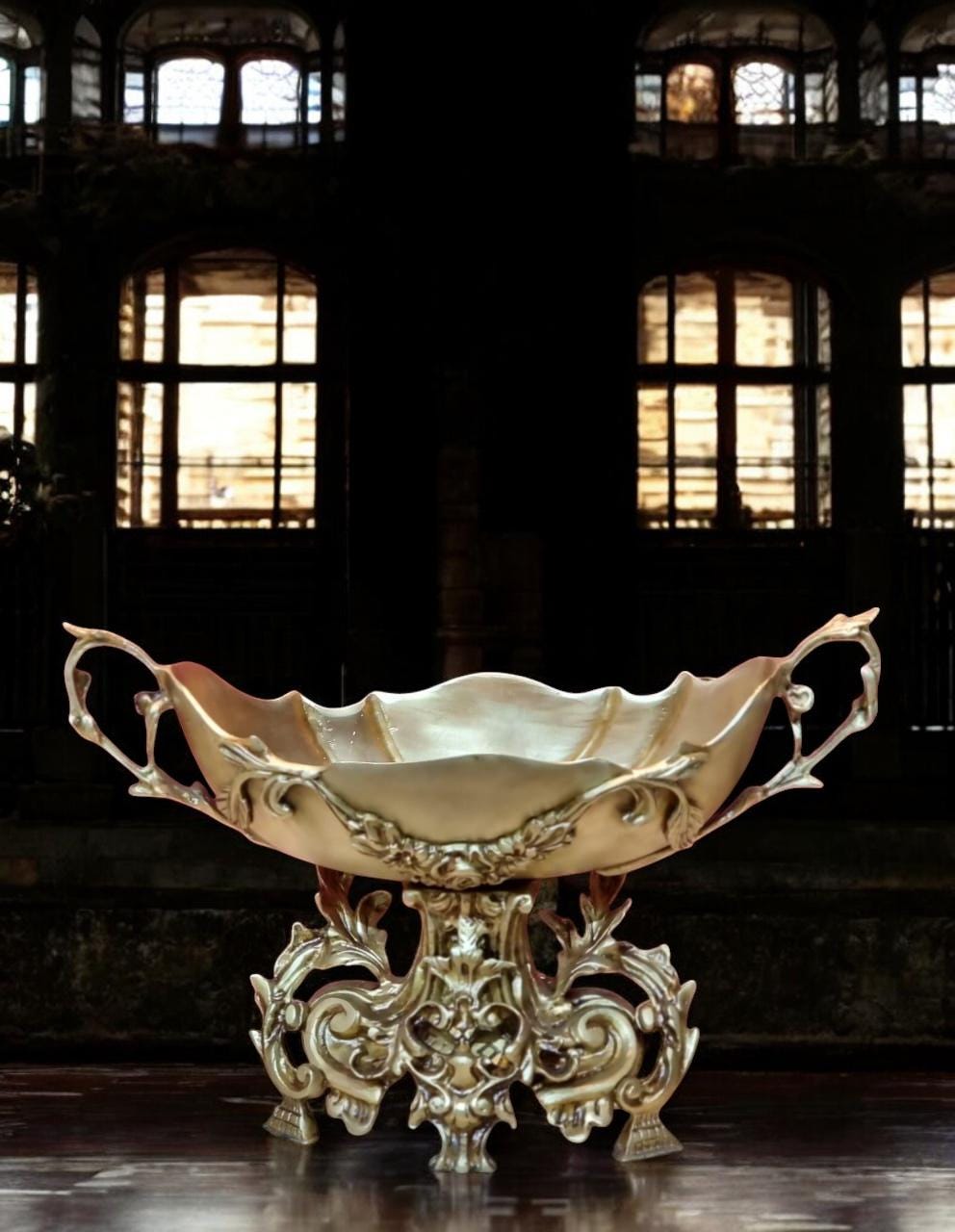 Antique-Style Gilt Bronze Candelabra & Center Bowl Set – French Rococo Design (3 Piece Set)