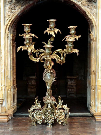 Antique-Style Gilt Bronze Candelabra & Center Bowl Set – French Rococo Design (3 Piece Set)