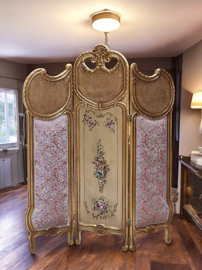 French Rococo Vanity Chair & Folding Screen Set – Hand-Carved Gold Leaf Wood with Floral Accents, Elegant Dressing Room Decor