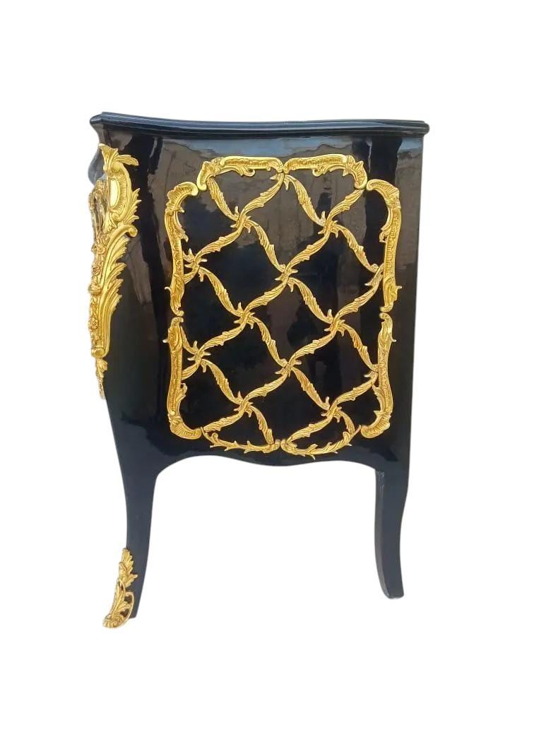 Handcrafted French Louis XV Black & Gold Bombe Chest – Ornate 2-Drawer Baroque Commode
