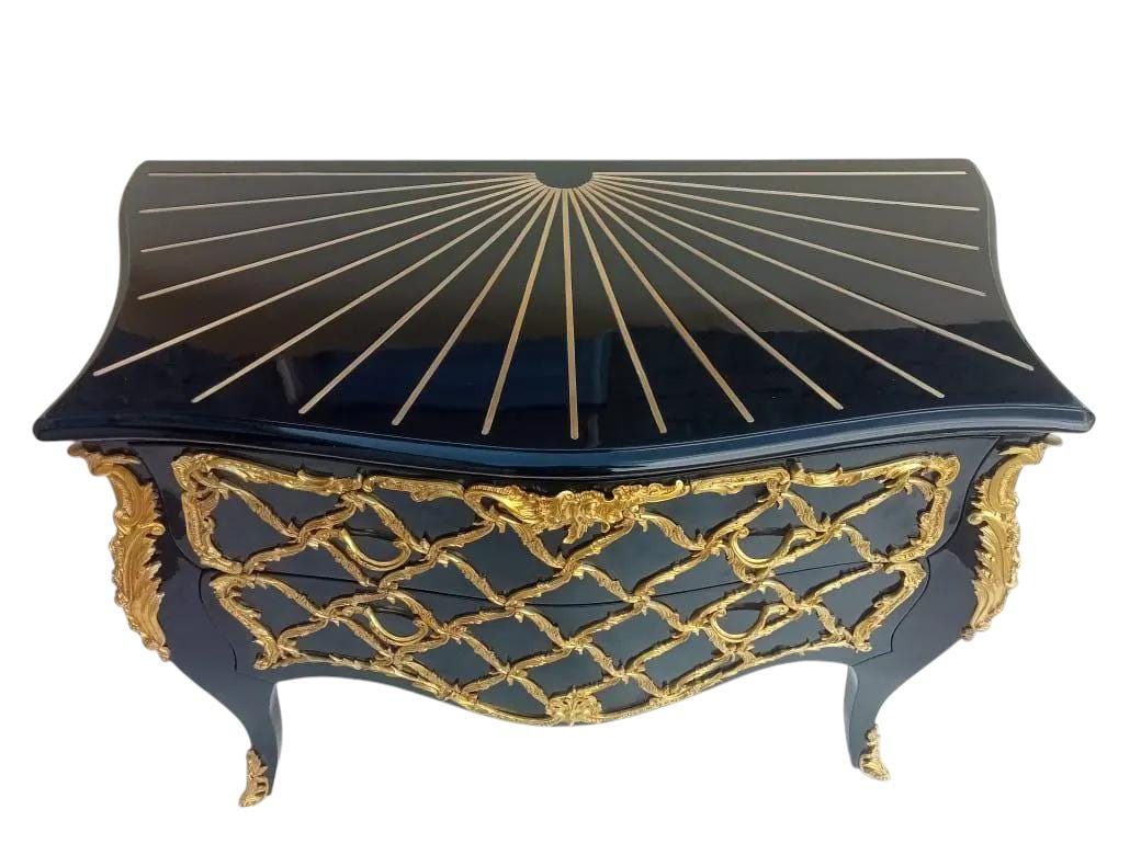 Handcrafted French Louis XV Black & Gold Bombe Chest – Ornate 2-Drawer Baroque Commode