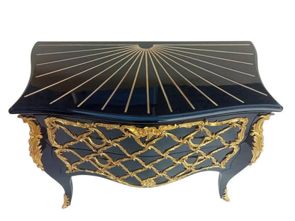 Handcrafted French Louis XV Black & Gold Bombe Chest – Ornate 2-Drawer Baroque Commode