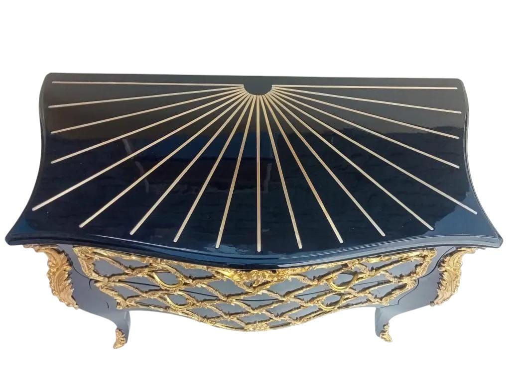 Handcrafted French Louis XV Black & Gold Bombe Chest – Ornate 2-Drawer Baroque Commode