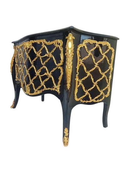 Handcrafted French Louis XV Black & Gold Bombe Chest – Ornate 2-Drawer Baroque Commode