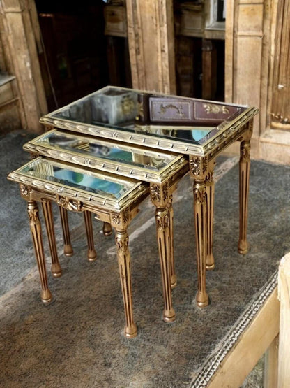 Vintage French Louis XVI Gilt Nesting Tables with Mirrored Tops – Set of 3