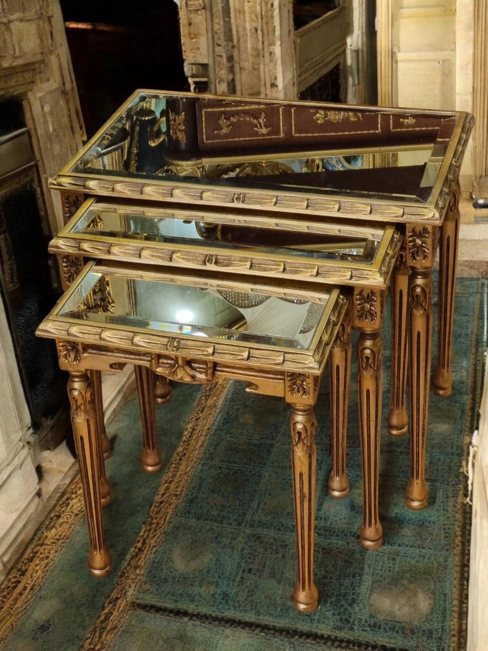 Vintage French Louis XVI Gilt Nesting Tables with Mirrored Tops – Set of 3