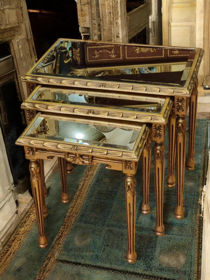 Vintage French Louis XVI Gilt Nesting Tables with Mirrored Tops – Set of 3