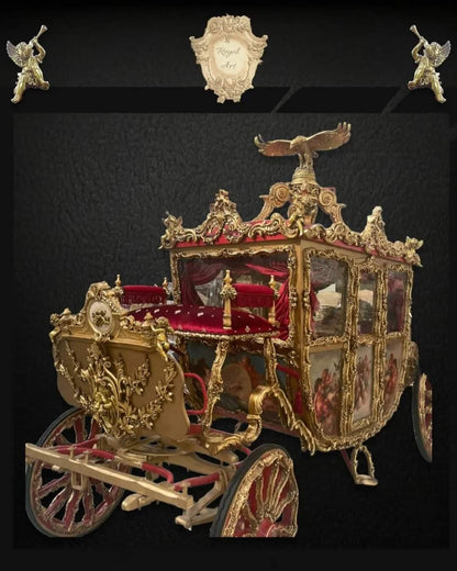 Handcrafted Royal Gold Carriage – Baroque Style Horse-Drawn Coach with Painted Panels & Velvet Interior | Read Description