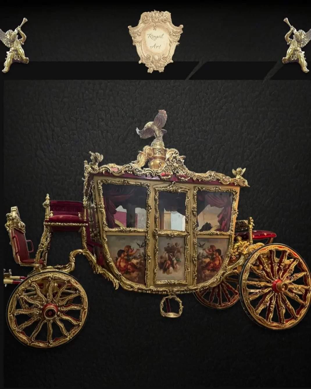 Handcrafted Royal Gold Carriage – Baroque Style Horse-Drawn Coach with Painted Panels & Velvet Interior | Read Description