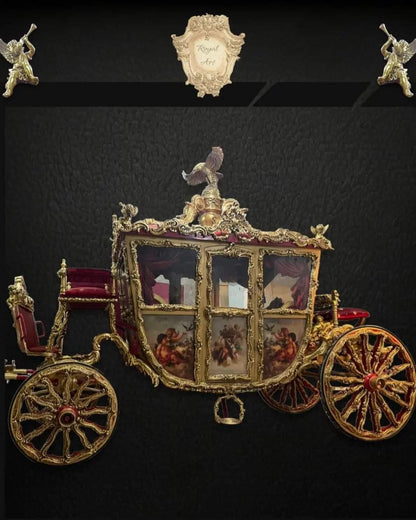 Handcrafted Royal Gold Carriage – Baroque Style Horse-Drawn Coach with Painted Panels & Velvet Interior | Read Description