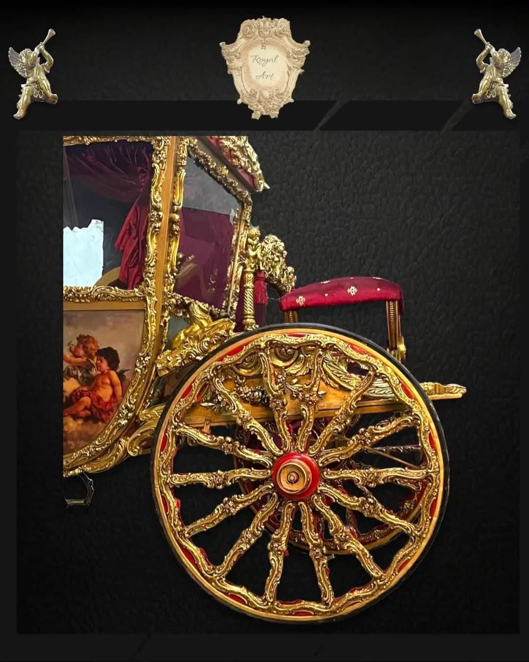 Handcrafted Royal Gold Carriage – Baroque Style Horse-Drawn Coach with Painted Panels & Velvet Interior | Read Description