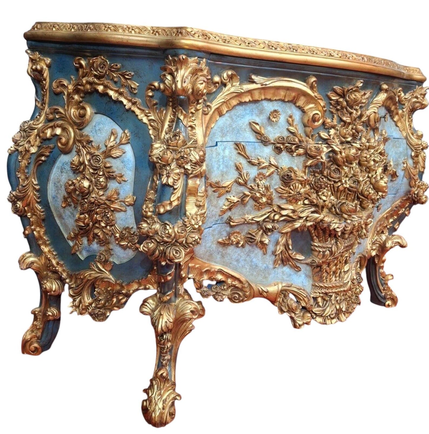 Baroque Rococo Floral Chest of Drawers | Hand-Carved Wooden Dresser | French Style Gilded Cabinet | Blue & Gold Statement Furniture