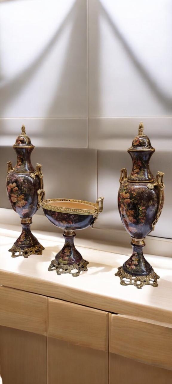 French Style Porcelain Urn & Centerpiece Set | Hand-Painted Floral Design with Gilded Bronze Bases | Set of 3 in BlackNavyBrown