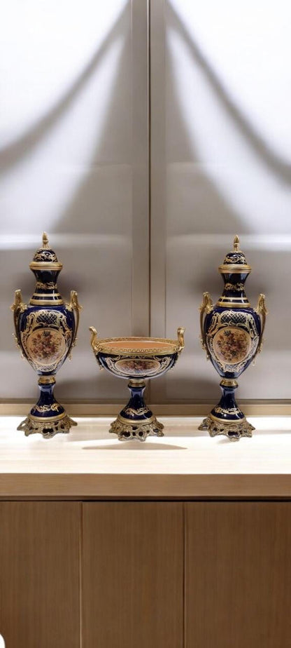 French Style Porcelain Urn & Centerpiece Set | Hand-Painted Floral Design with Gilded Bronze Bases | Set of 3 in BlackNavyBrown