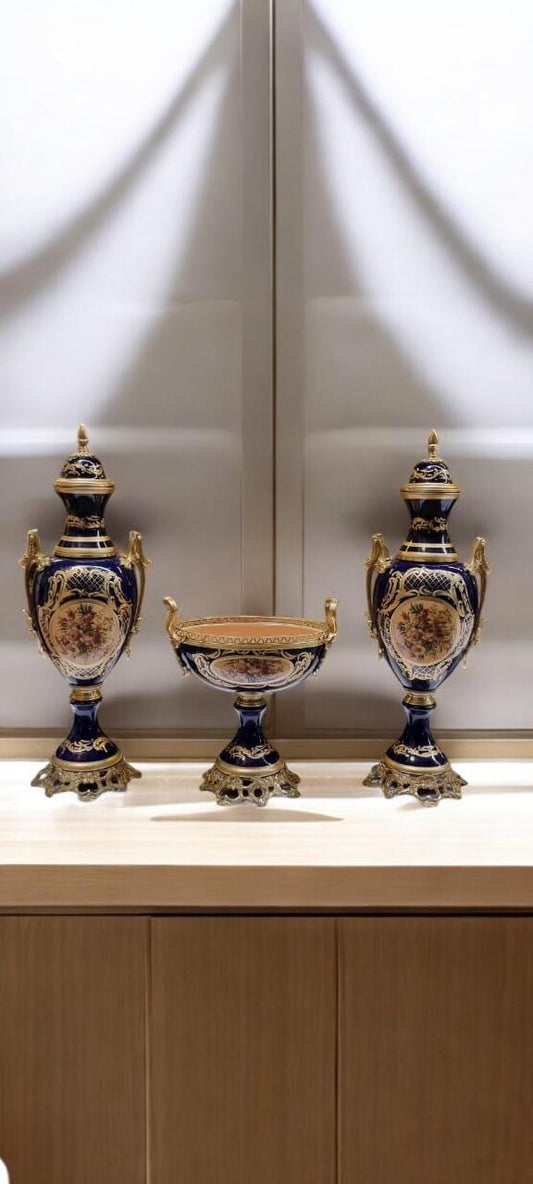 French Style Porcelain Urn & Centerpiece Set | Hand-Painted Floral Design with Gilded Bronze Bases | Set of 3 in BlackNavyBrown
