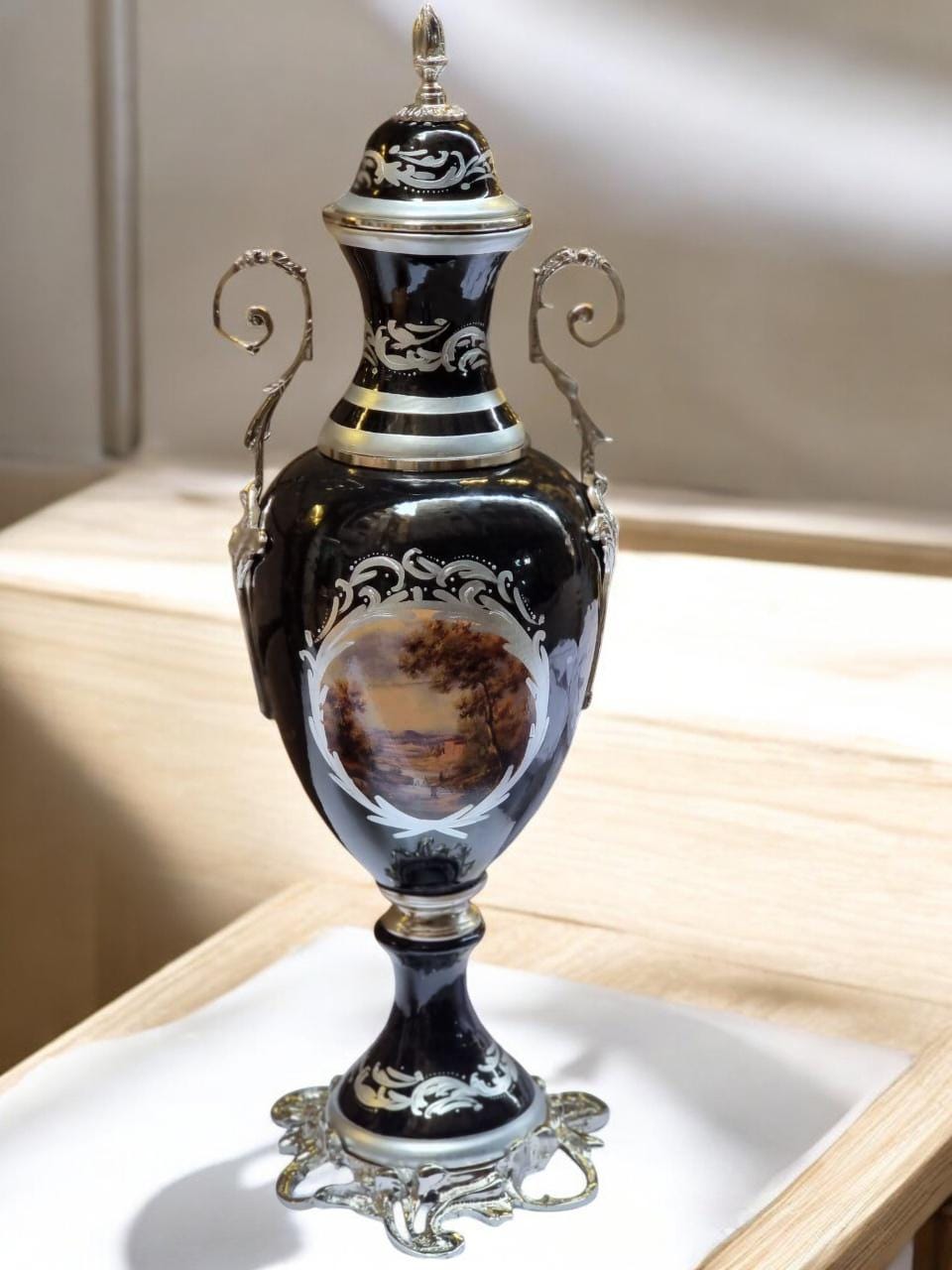 French Style Porcelain Urn & Centerpiece Set | Hand-Painted Floral Design with Gilded Bronze Bases | Set of 3 in BlackNavyBrown