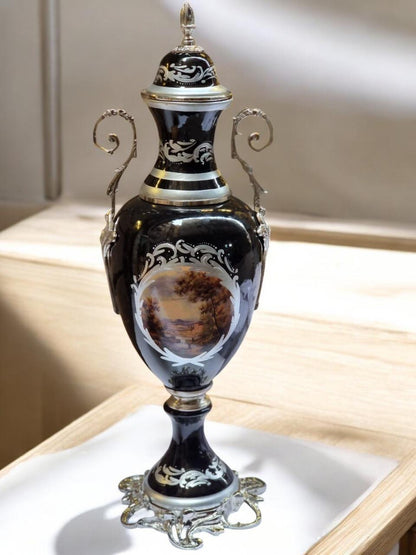 French Style Porcelain Urn & Centerpiece Set | Hand-Painted Floral Design with Gilded Bronze Bases | Set of 3 in BlackNavyBrown